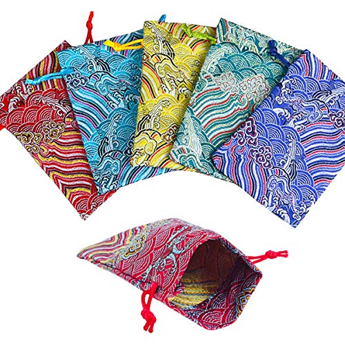PINOWU 10pcs Silk Brocade Jewelry Pouch Bag 4x5.5 for Wedding Party Favors, Drawstring Coin Purse Embroidered Sachet Candy Chocolate Bag for Christmas New Year Birthday Party (Thick)