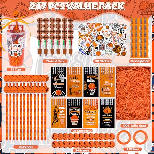 LiYiQ 24 Set 247 Pcs Basketball Party Supplies Return Gifts for Party, Student Stationery Gifts from Teacher Rewards Prizes, Pencil Erasers Notebooks Stickers for Basketball Classroom Birthday - style: Basketball