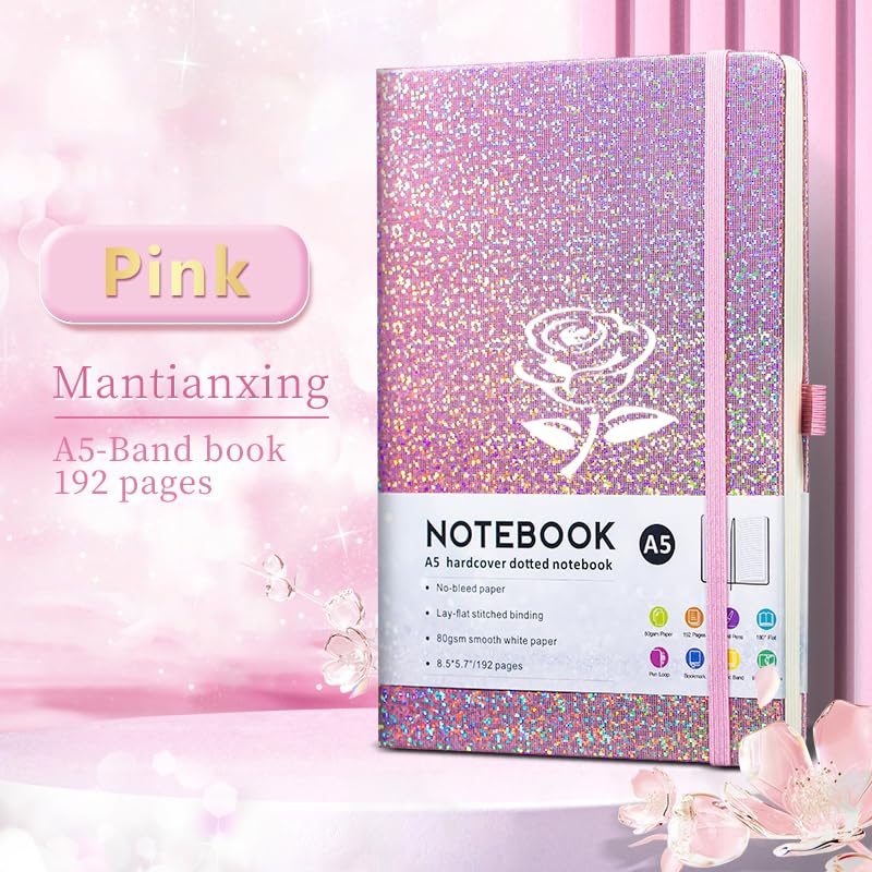 HJWKJUS Bling A5 Lined Journal Notebook with Pen for Girls Women, Pink - color: Pink-Flower