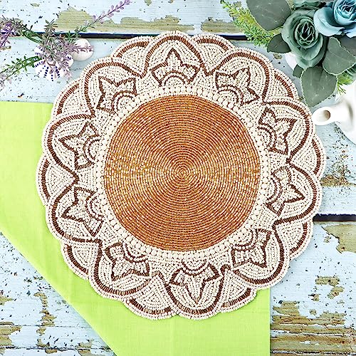Hand Beaded Table Mats 13 Inch Round Charger Plate - Elegant Glass Beaded Placematss for Dining Table, Coffee Table, Kitchen Décor, Holiday, Wedding & Special Events (Gold Ivory) - ALPHA Living HOME - color: Gold Ivory, size: Set of 1