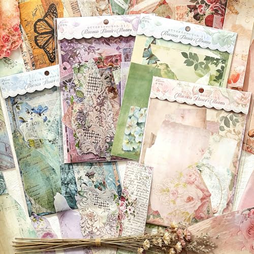 60 Sheet Flower Season Scrapbook Paper Set, 4 Packs Decorative Paper，for Letter Writing，Scrapbook paper，Junk Journal Supplies，DIY Collage，Card Making Supplies，Collage Background - color: L