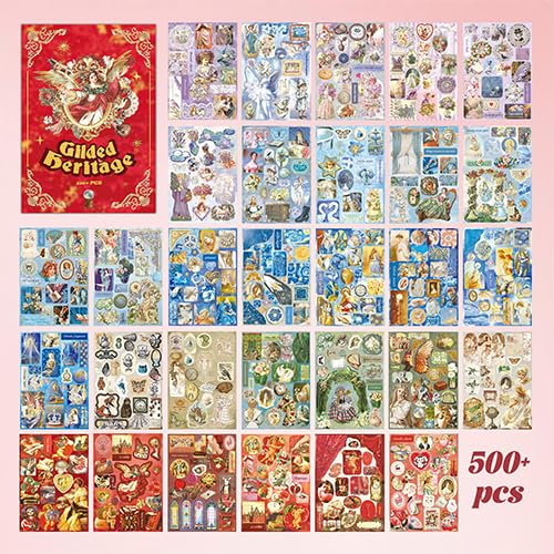 500+ Pcs Vintage Gilded Heritage Sticker Book - Pre-Cut Waterproof Repositionable Scrapbook Stickers, Elegant Baroque Art Decals for Journaling, Scrapbooking Supplies, Junk Journal & DIY Crafts - color: Red Manor