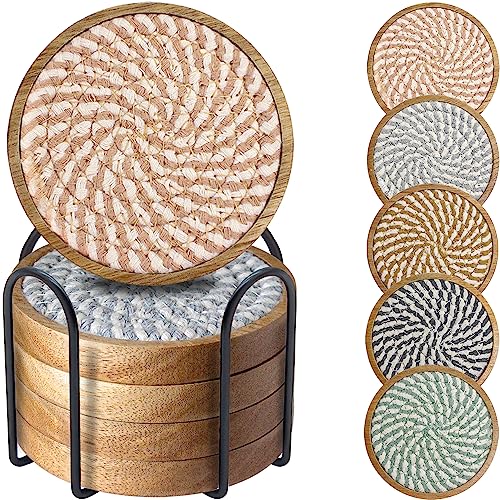 Wood Coasters for Drinks, Eykao Absorbent Coaster Sets of 5, Woven Drink Coasters for Coffee Table, Housewarming Gift for Farmhouse Home Decor,4 inches - color: Colorful (With Holder)