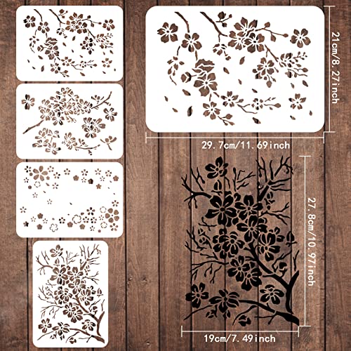 FINGERINSPIRE 4PCS Cherry Blossom Branch Stencils 11.7x8.3 inch A4 Size
