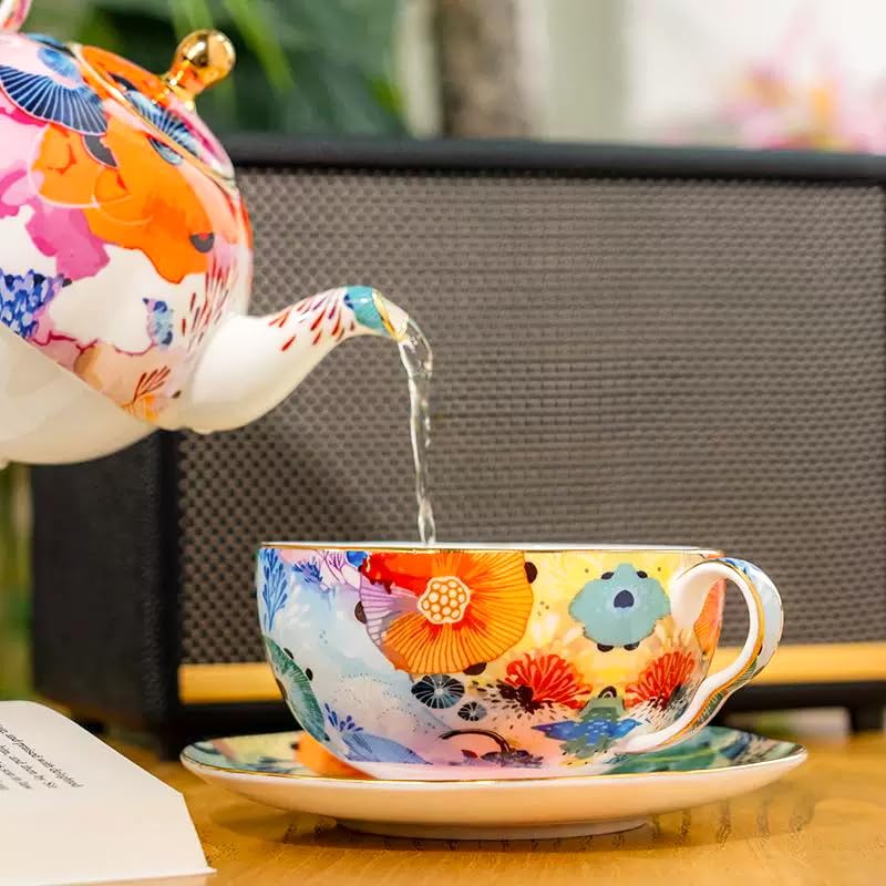 KAMMAK Tea for One Set, Ceramic Teapot, Bone China Tea Set, Cup and Saucer - color: Colorful-XY2
