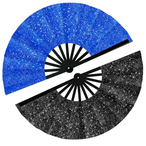 Maitys 2 Pack Foldable Fans for Rave Dancing,Dark Color,Glitter Pattern - color: Dark Color, style: Glitter Pattern