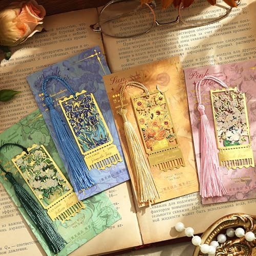 4 Pieces Metal Bookmarks with Tassel, Golden Hollow Bookmark Monet Oil Painting Theme Book Mark Bookmarks for Book Lovers Writers Readers Children Teens for Women Teen Adults - style: 4Pcs Stamp