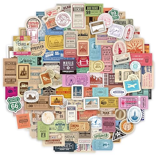 Prstincol 300 Pcs Vintage Travel Stickers Ticket Stickers for Journaling,Luggage Sticker Stub Vintage Sticker for Junk Journal Crafts Laptop Water Bottle Album Scrapbook - style: Travel and Ticket 300 Pcs