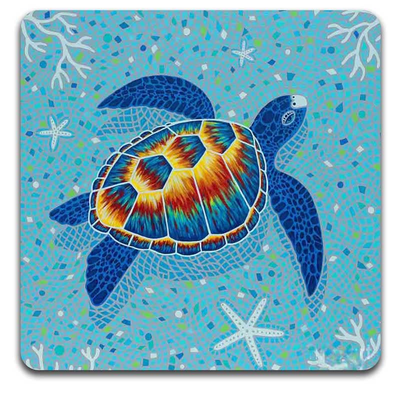 Watercolor Sea Turtle Square Coaster Set-Made of Recycled Rubber-Set of 4 - color: Watercolor Sea Turtle