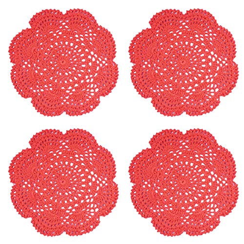 Phantomon 8 Inch Doilies Crochet Round Lace Doily Handmade Placemats 100% Cotton Crocheted Coasters, Pack of 4 (Orange) - color: Orange