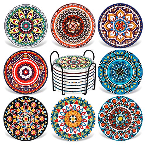 Coasters for Drinks,AODINI Set of 8 Absorbent Stone Coasters for Wooden Table, Mandala Ceramic with Cork Base, Gift for Housewarming Birthday and Family - Great Home and Dining Room Decor