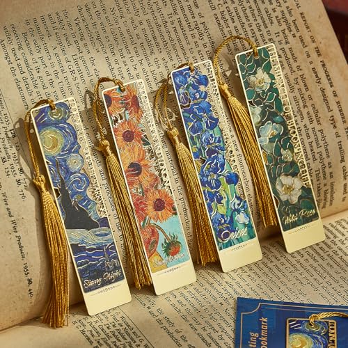 4 PCS Metal Bookmark with Tassel, Van Gogh Art Book Marks for Reading Women & Men,Book Lover Gifts for Teacher, Writers, Readers - style: Van Gogh Bookmarks