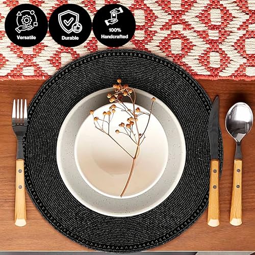 Beaded Round Placemats - Beaded Table Mats with Polyester Backing for Dining Table, Wedding, Christmas, Holiday, Party Decor - Handmade Glass Bead Charger 13" (Black) - ALPHA Living HOME (Pack of 2) - color: Black, size: Set of 1 (Pack of 2)