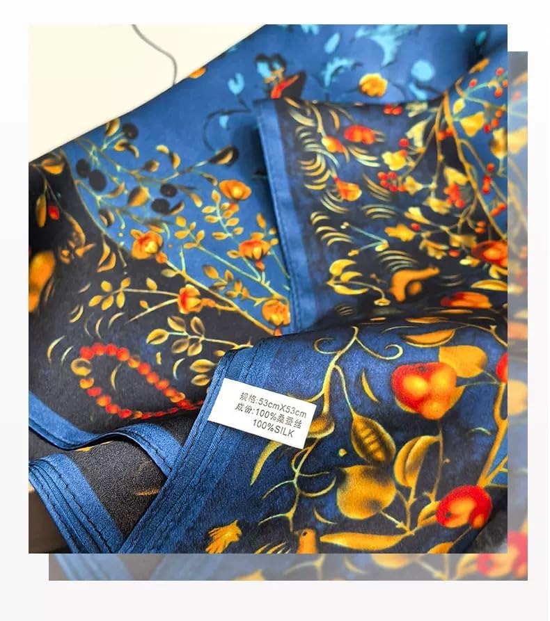 ANDANTINO 100% Mulberry Silk Scarf -21” Square Neckerchief with Gift Packed - color: Gold&royal Blue