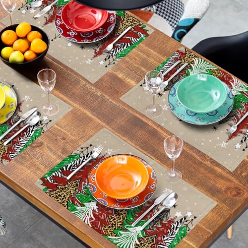 Watercolor Xmas Tree Placemats for Dining Table Set of 4, 12 x 18 Inch Winter Snowflake Heat Resistant Xmas Linen Dining Table Mats for Home Kitchen Tabletop Decoration - color: Watercolor Xmas Tree