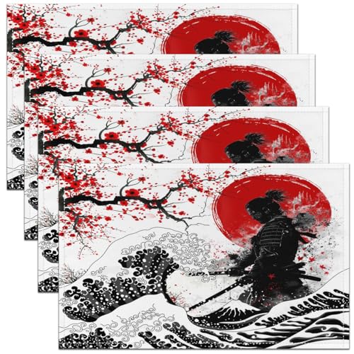Feelyou Japanese Samurai Placemats Set Set of 4 18"x12" - color: Red and Black