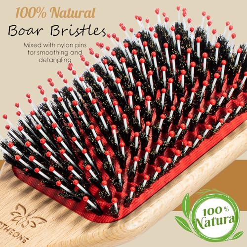 URTHEONE Hair Brush,Boar Bristle Hair Brushes and Hair Comb Set for Women Men Kids, Best Natural Wooden Paddle Hairbrush for Wet or Dry Hair - color: Red