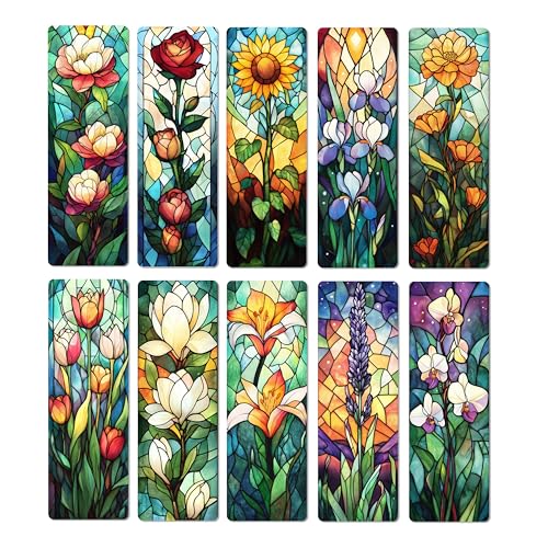 TwoDays 10Pcs Stained Glass Art Flower Bookmark for Reading Women, Cute Floral Bookish Gifts for Book Lovers Booktok, Fancy Book Accessories (6'' X 2'')
