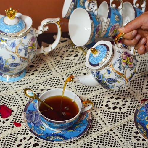 ACMLIFE Tea for One Teapot and Cup, Vintage Floral Porcelain Tea Set for One, Bone China Teapot with Cup Set, Tea Pot Gift for Women (Blue-A) - color: Blue-A
