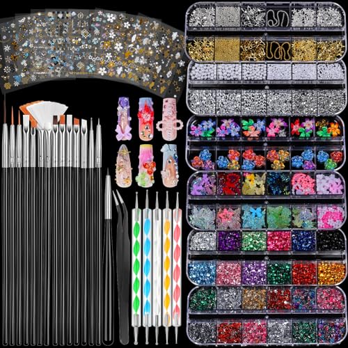 FANDAMEI Nail Art Brushes, Nail Art Kit with 15 Pcs Nail Art Brush, 5 Pcs Dotting Tools, 6 Box Nail Charms and Gems, 10 Flower Nail Stickers, Complete Nail Decoration Art with Nail Art Brushes Black - color: black