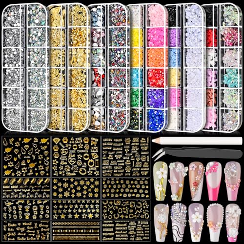 CUBLIVE Nail Charms Art Kit with 30 Sheets Gold Nail Stickers and 6 Boxes of Nails Gems with Manicure Art Tools for 3D Nails Supplies DIY Charms and Rhinestones