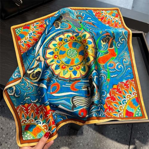 100% Pure Mulberry Silk Scarf 21" Women Square Scarf Neckerchief Headscarf - color: Blue and Orange Ethnic Style