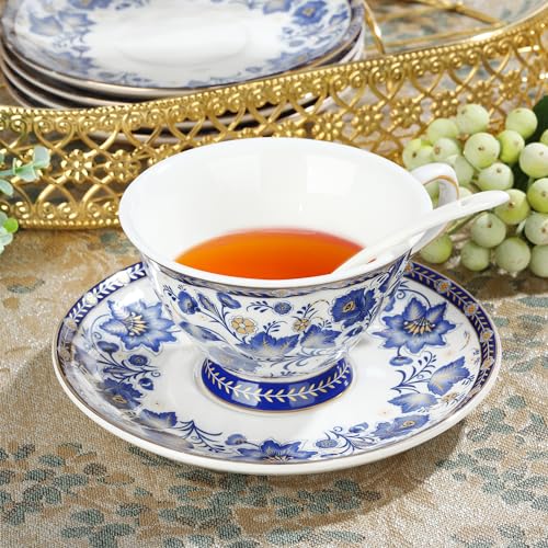 fanquare Porcelain Tea Sets,Blue British Coffee Cups& Saucer Service for 6, with Teapot,Sugar Bowl,Creamer Pitcher and Golden Metal Rack - color: Blue Vine