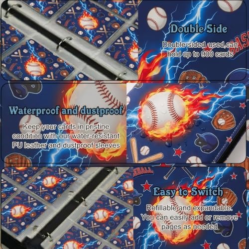 Card Binder 9 Pocket, Blue Baseball, 900 Cards, PU Leather - color: Blue Baseball