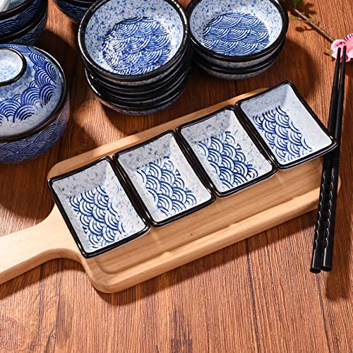 Ceramic Sauce Dish Set of 4, 3.5'' Rectangular Blue Wave Small Bowls