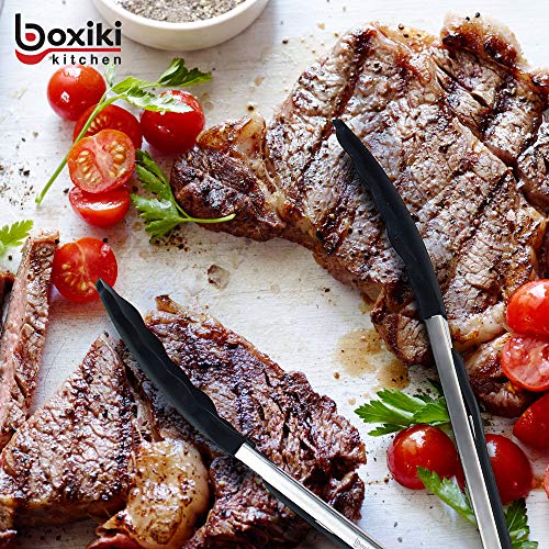 Kitchen Tongs for Cooking with Silicone Tips by Boxiki Kitchen, BPA Free Stainless Steel set of 2 Silicone Tongs for Cooking, Grilling & Toss a Salad, Heat Resistant Grill Tongs for Serving BBQ Food. - color: Black Silicon