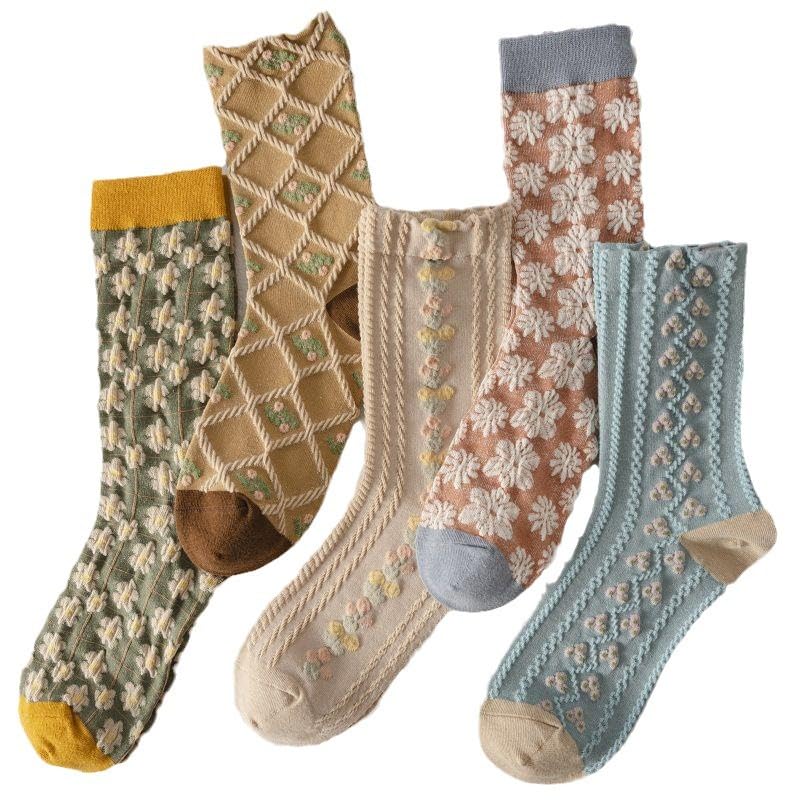 6 Pairs Socks for Women Mid Calf Socks Embossed Vintage Floral Pattern Women's Sock