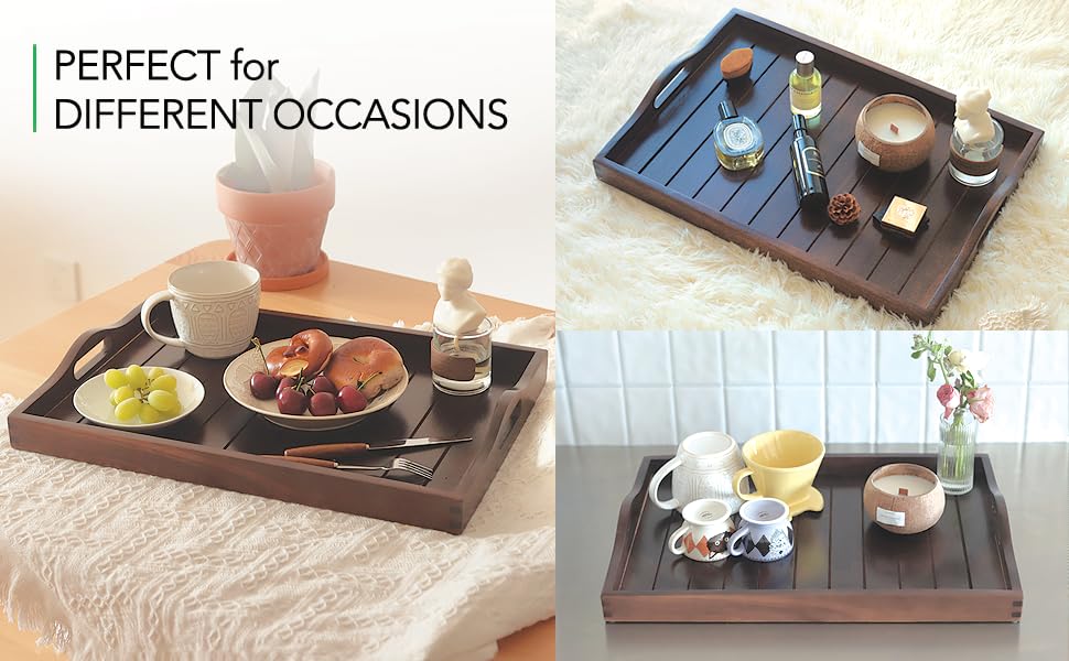 Large Acacia Wooden Serving Tray with Handles 20 x 14 inch Decorative Coffee Table Ottoman Tray for Living Room Extra Large for Kitchen Dinner Food Bar Breakfast in Bed (Dark Brown) - color: Dark Brown