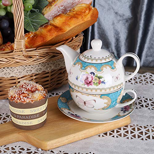 fanquare English Blue Porcelain Tea for One Set, Floral Teapot with Cup