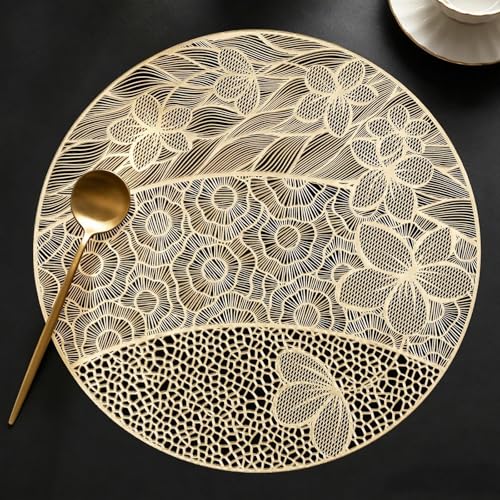 Quantum Love Round Vinyl Placemats Set of 6 Gold Butterfly Hollow Out Washable Place Mats Non Slip Heat Resistant Table Mats for Dining, Wedding, Birthday, Party, Tables Decor - color: Gold Butterfly and Flower