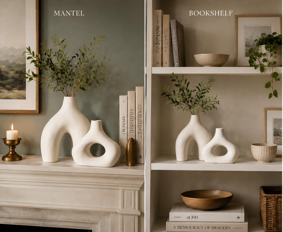 Carrot's Den Ceramic Modern Vase Set of 2, Donut Shelf Decor, Warm White - color: Warm White