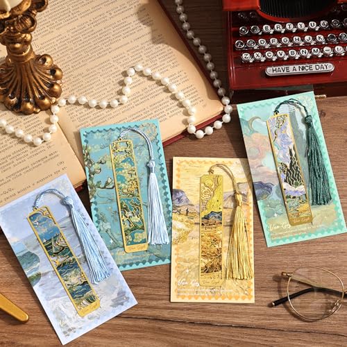 4 Pieces Metal Bookmarks with Tassel, Golden Hollow Bookmark Oil Painting Theme Book Mark Bookmarks for Book Lovers Writers Readers Children Teens for Women Adults Teen - style: 4Pcs Scenery
