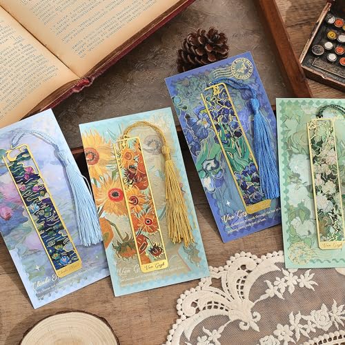 4 Pieces Metal Bookmarks with Tassel, Golden Hollow Bookmark Oil Painting Theme Book Mark Bookmarks for Book Lovers Writers Readers Children Teens Men Women Adults - style: 4Pcs Flowers