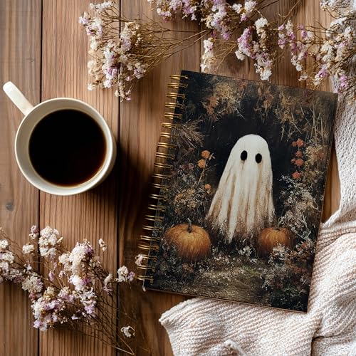 Notebook Journal for Women - A5 Spiral Notebook with Ghost in forest Design, Vintage Dark Romantic Ghost Wildflowers, Gothic Office & School Supplies, Unique Gifts for Women Birthday, Christmas (Pumpkin & ghost) - color: Pumpkin & ghost