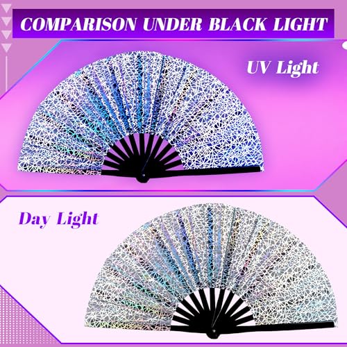 13 Inch Large Rave Fan & Clack Fan for Line Dancing - Folding Hand Fan with UV Glow for Boots on The Ground, Performance, Wedding, Party - Portable Handheld Fan for Women & Men - color: Reflective Silver Lines*1