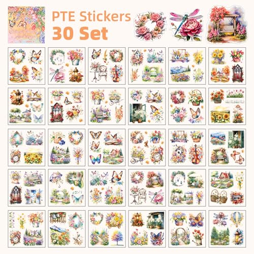Multi-Tone Garden Theme Scrapbooking Supplies for Junk Journal - 30 Sheets PET Stickers - Vintage Journaling Ephemera Sticker Book Pre Cut(TZ-005-004) - color: Color Forest