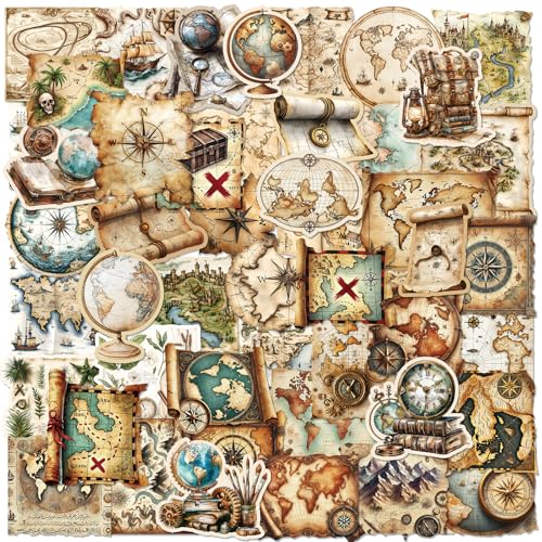 PRSTINCOL 100Pcs Vintage Sticker Pack,Cute Map Design Scrapbook Supplies, Vintage Aesthetic Junk Journal Accessories, Waterproof Vinyl Stickers for Water Bottles, Planners, Journals - style: Vintage_map