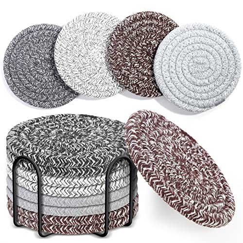 Mckanti 8 Pcs Coasters for Drink with Holder, 4 Colors Absorbent Coasters for Drinks, Minimalist Cotton Woven Coaster Set for Home Decor Tabletop Protection Suitable for Kinds of Cups, 4.3 Inches. - color: Muti-color B