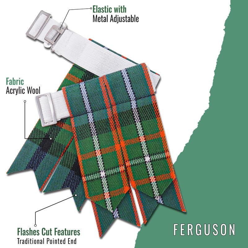 Kilt Flashes for Men with Heavy Buckle Adjusters, Plain & Tartan Kilt Sock Flashes. - color: Ferguson