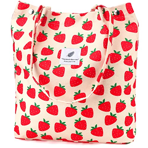 Ayieyill Corduroy Tote Bag for Women Canvas Shoulder Cord Purse with Inner Pocket - color: B-strawberry