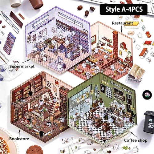 4 Sets DIY 3D House Stickers: Make Your Own Isometric Scenes with Fun Cute Korean Cartoon Stickers - color: Stylea