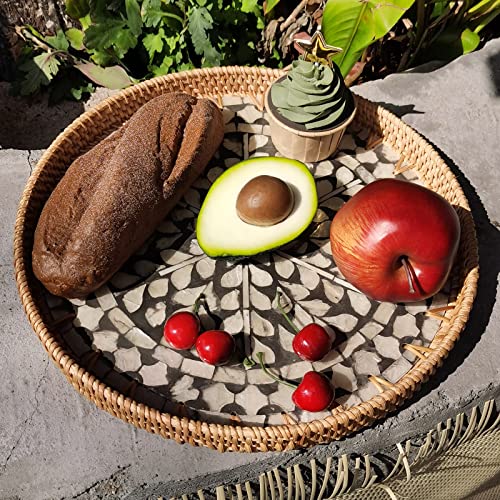 i-lan 16" Rattan & Mother of Pearl Serving Tray with 1.2" Raised Sides - Round Handwoven Black Accent Tray - Sophisticated Organizer for Home Bars, Coffee Tables & Lounge Decor - color: Black