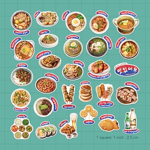 Navy Peony Authentic Korean Food Stickers (28 pcs) - Hand-Illustrated, Seoul, Culinary Stickers for Scrapbooking, Cookbooks, Journals and Laptops
