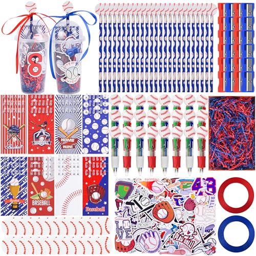 LiYiQ 24 Set 247 Pcs Baseball Party Supplies Return Gifts for Party, Student Stationery Gifts from Teacher Rewards Prizes, Pencil Erasers Notebooks Stickers for Baseball Classroom Birthday - style: Baseball