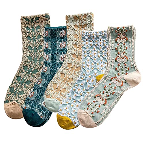 DXYAKY 5 Pairs Womens Floral Cotton Socks Vintage Patterned Crew Socks Novelty Ankle Ruffled Warm Casual Dress Socks - color: 5 Pairs - Blue