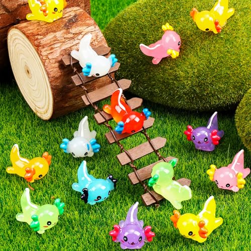 64PCS Luminous Mini Resin Axolotl 8 Colors Glow in The Dark Small Little Resin Axolot to Hide Bulk Miniature Plastic Animal Figures for Micro Landscape Dollhouse Fairy Garden Aquarium Potted DIY Decor - color: 64pcs-axolotl